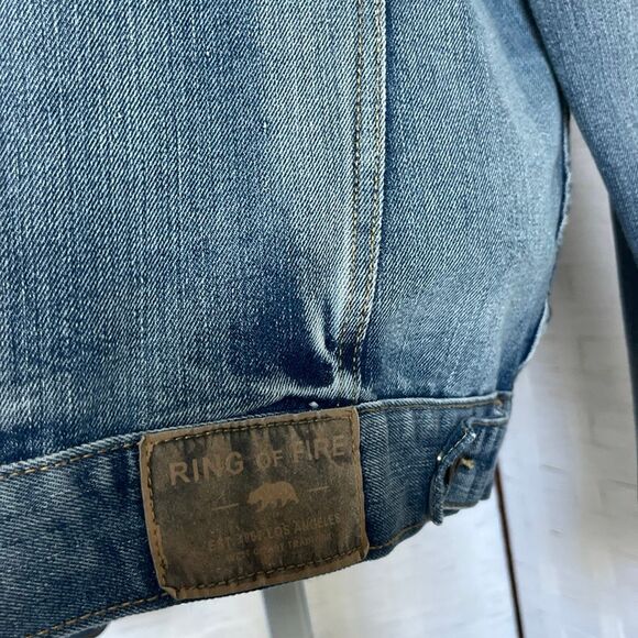 MENS RING OF FIRE PATCHED DISTRESSED DENIM JEAN JACKET SIZE L - Picture 6 of 12